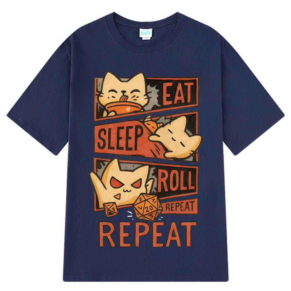 2026 Summer Cotton Tee Eat Sleep Roll Repeat Cat Graphic Unisex WOMEN Plus Size Loose Casual Hip Hop Streetwear Breathable Top