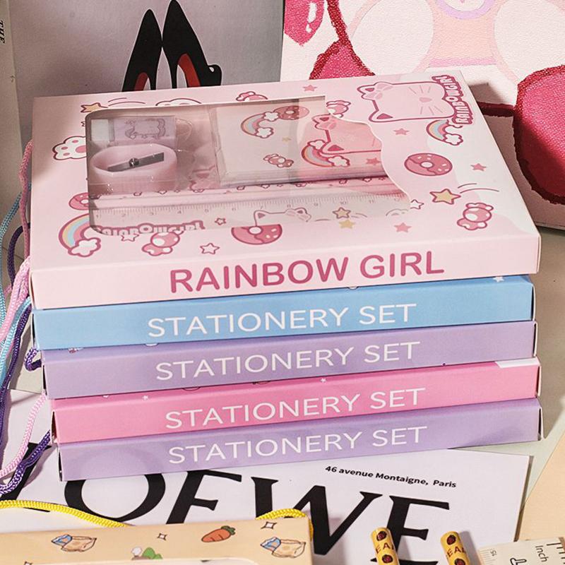 5/6Pcs Cartoon Stationery Set With Pencil Ruler Eraser Sharpener Notebook For Kids Students Back To School Daily Study Gifts