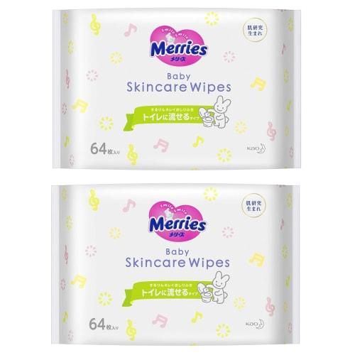 Kao Merries Sururin Kirei Baby Wipes, Flushable, 64 Wipes X 2 Packs, Cleans Dirt Without Rubbing, Mildly Acidic, Alcohol-Free, Fragrance-Free, Suitabl