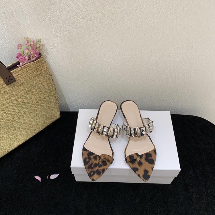 Sexy Slope Heel Metal Set Toe Slippers Women's Summer Wear High-end Leopard Print Cool Slippers Women