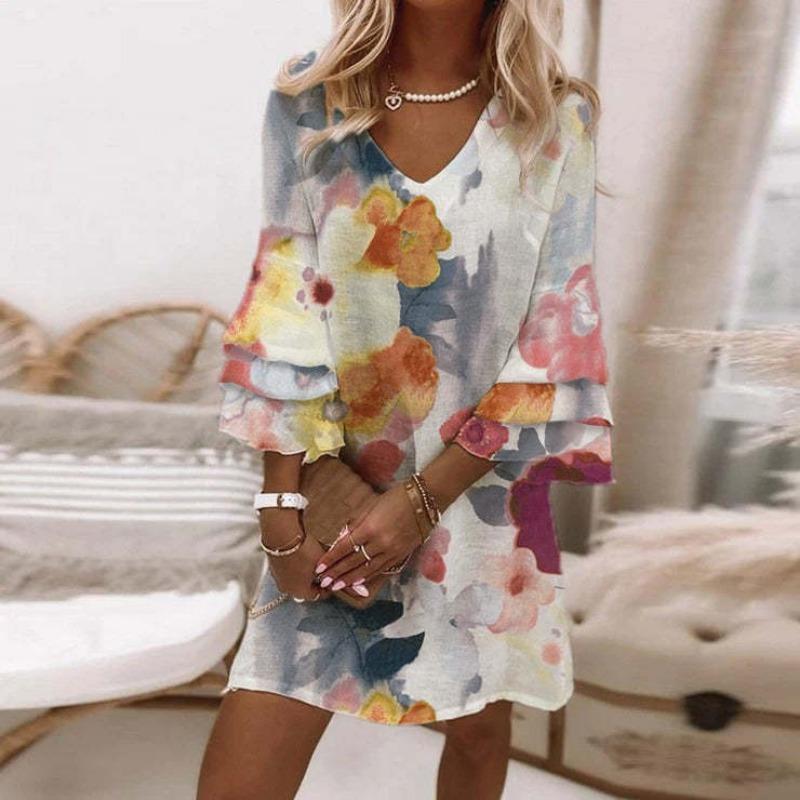 S-5XL Abito a strati con stampa Paisley, abito da vacanza con scollo a V e maniche svasate, abbigliamento da donna
