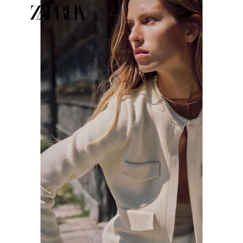 Zaprha 2025 Autumn New French Style Design Sense Pocket Decoration Round Neck Long Sleeve Knitted Outerwear 6427021
