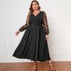 Women Gown Dress V-neck Embroidered Lace Mesh Long Sleeves Midi Dress High Waist Wrap Dress with Belt