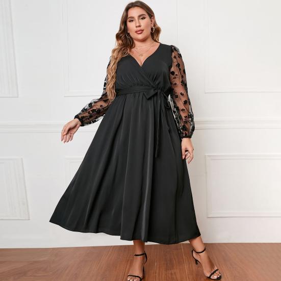 Women Gown Dress V-neck Embroidered Lace Mesh Long Sleeves Midi Dress High Waist Wrap Dress with Belt