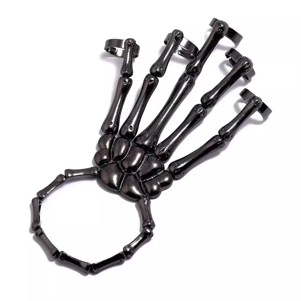 Gotische Schedel Hand Armband Met Ring Unisex Punk Stijl Verstelbare Metalen Schedel Vinger Armband Voor Vrouwen Mannen black