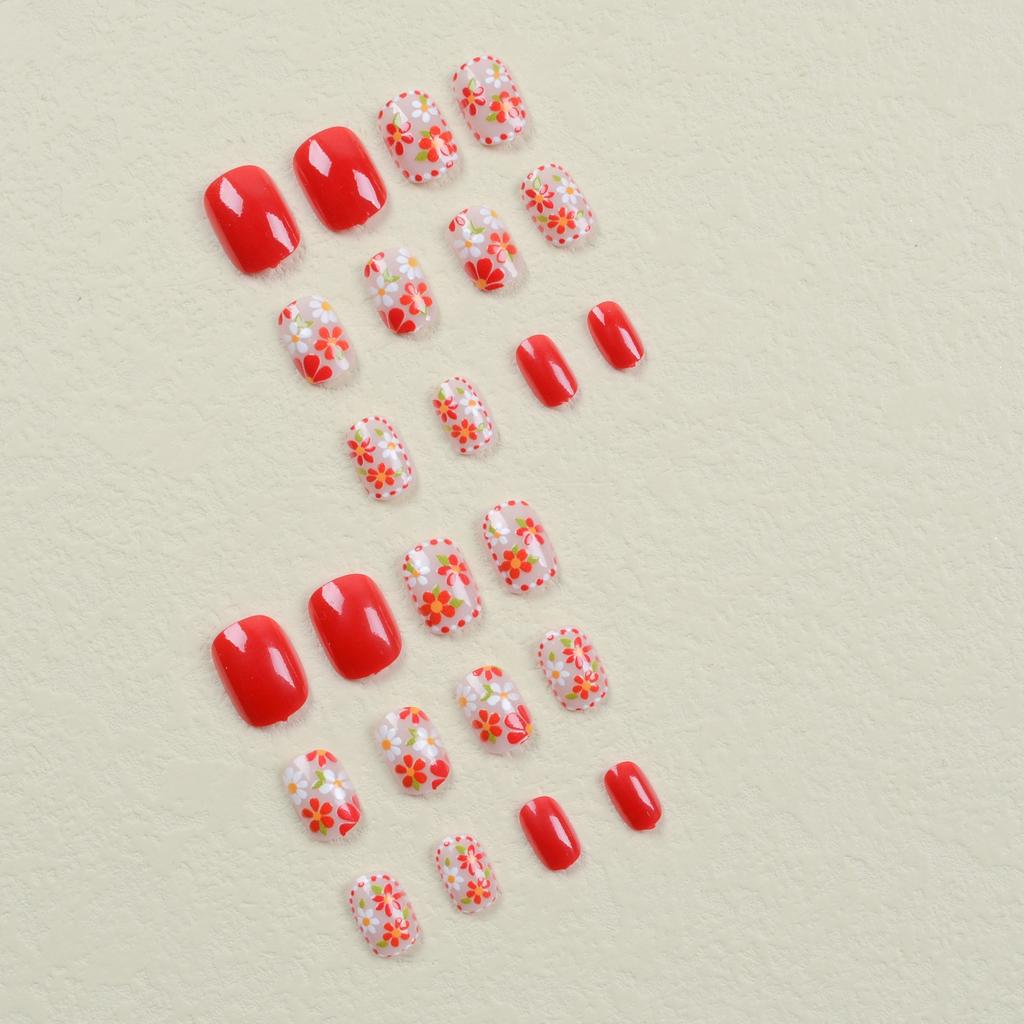 24pcs Glossy Red White Flower Press On Nails - Short Oval False Nails for Women and Girls - Full Cover Spring Summer Nails for Easter