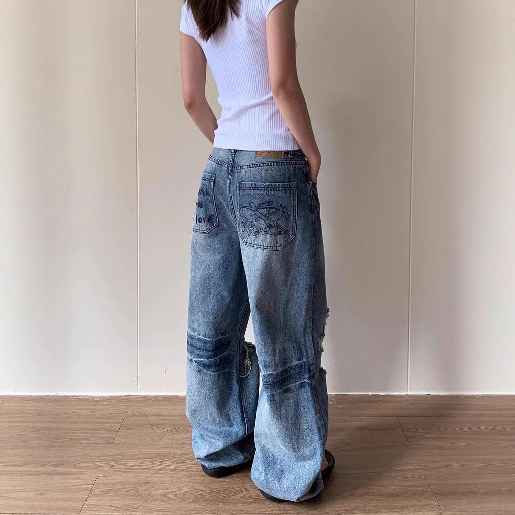 JYL Mens Jeans Vintage Ripped Distressed Loose Straight Floor-length Denim