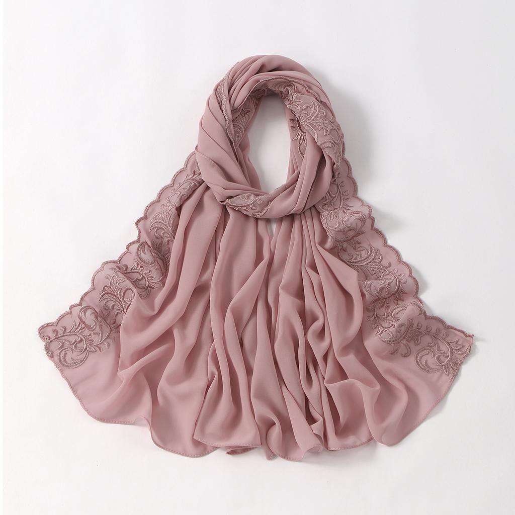Floral Embroidery Edge Chiffon Silk Scarf Women Muslim Hijab Headscarf Soft Wraps Headband Summer Sunscreen Shawls Beach Shawls