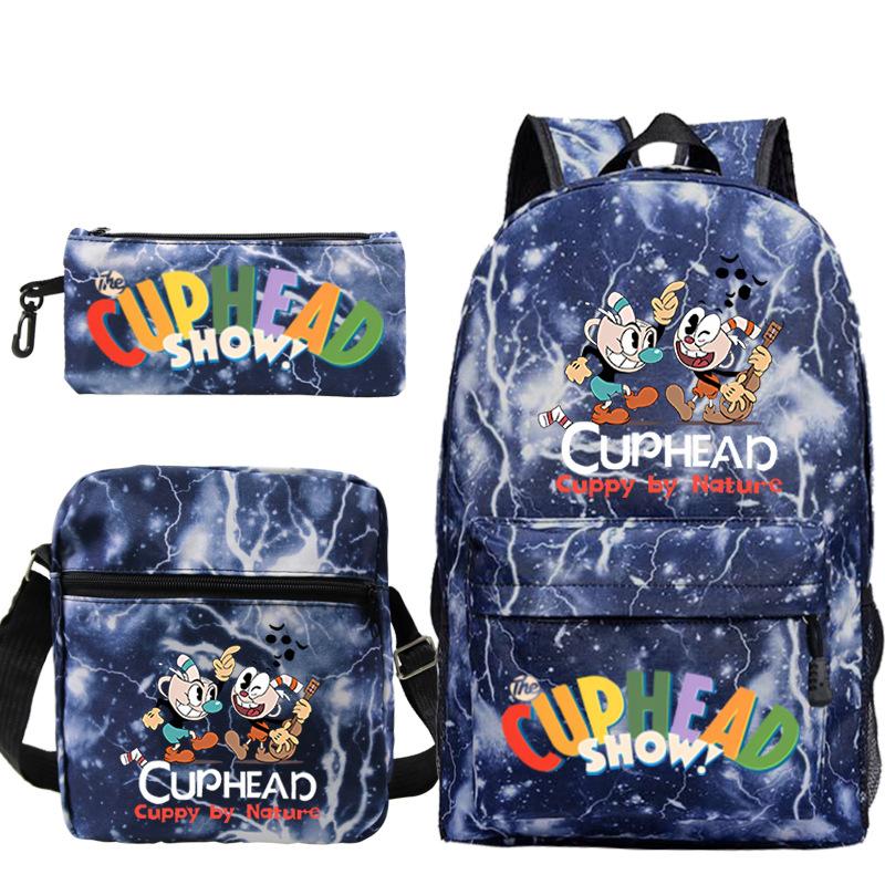 Cartoon Teacup Head Cuphead Student Backpack Oblique Span Bag Pencil Bag Primary And Secondary School Students Children'S Schoolbag Three-Piece Set