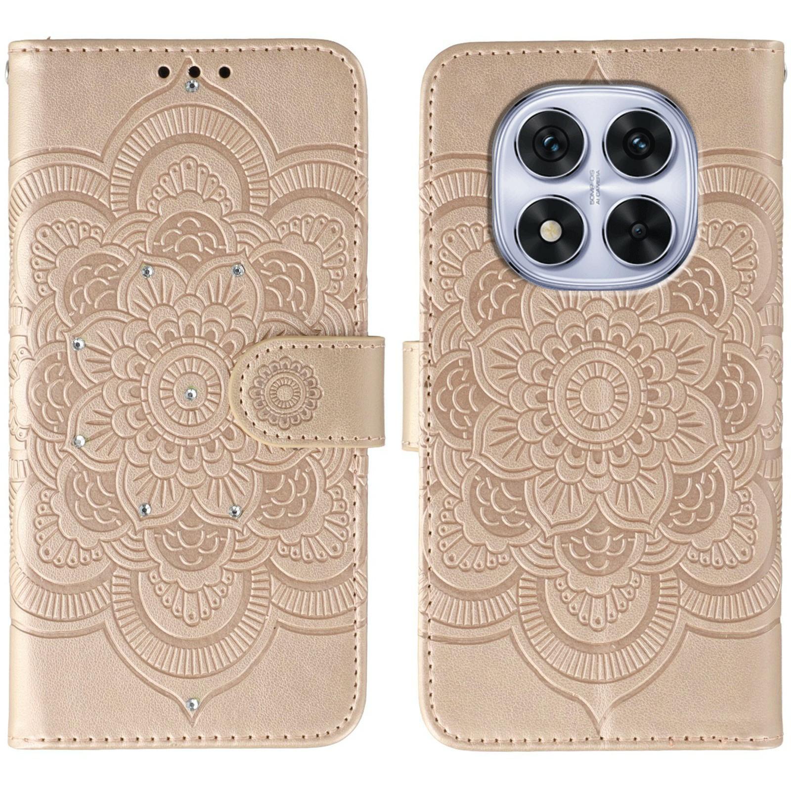 

Чохол для телефону для Xiaomi Redmi Note 14 Pro 5G/4G/Note 14 Pro+ 5G/Poco X7 5G, Шкіряна обкладинка з тисненням мандали, прикрашена стразами, з ремінцем Rose Gold