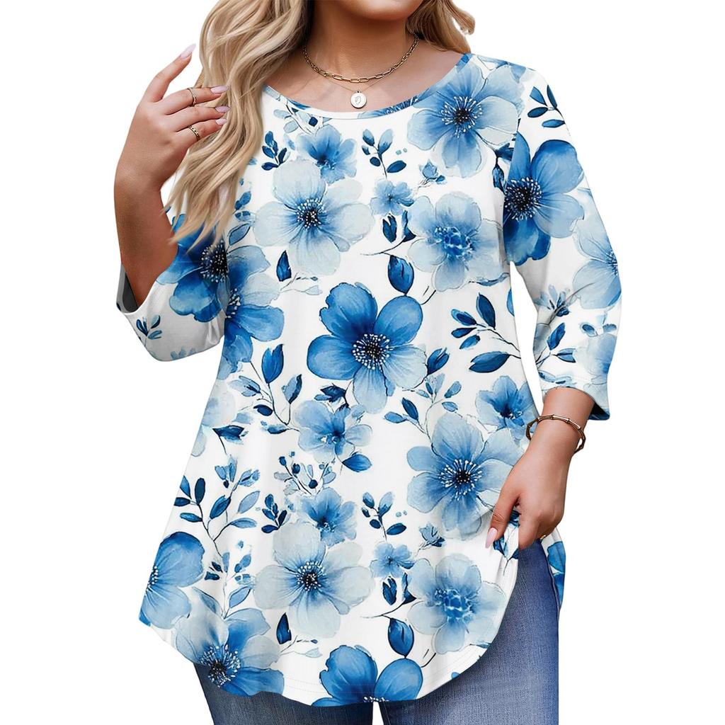 Women's Fashionable Casual Floral Print Plus Size Three-Quarter Sleeve Round Neck Top With Curved.