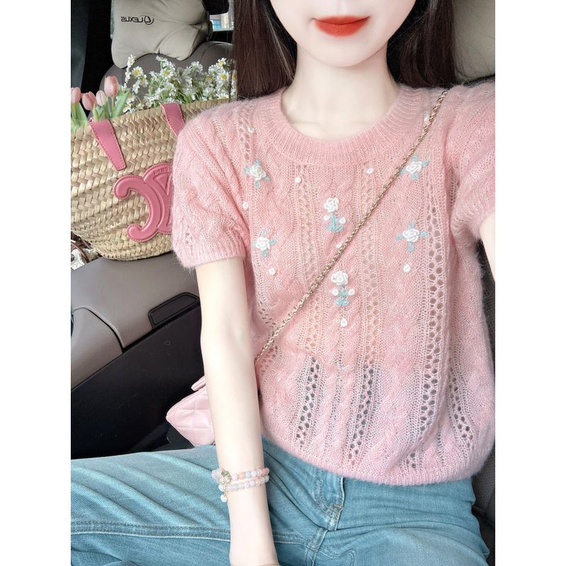 

Korean Style Design Hollow-out Crochet Short sleeve knit Women Summer New Loose Gentle Wind Pink Age-Reducing Top Pink S