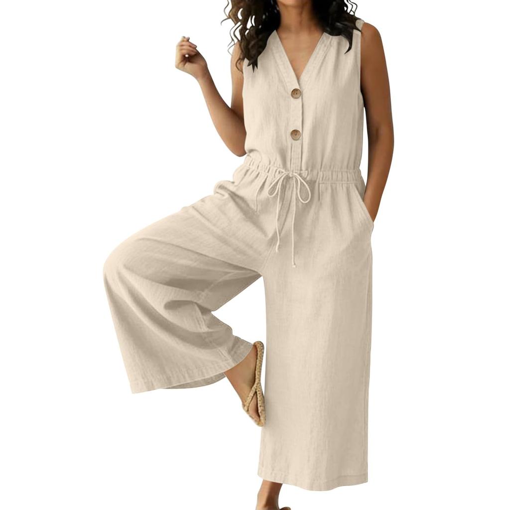 Women Button Down Sleeveless Rompers Wide Legs Cotton Linen Rompers With Pocket