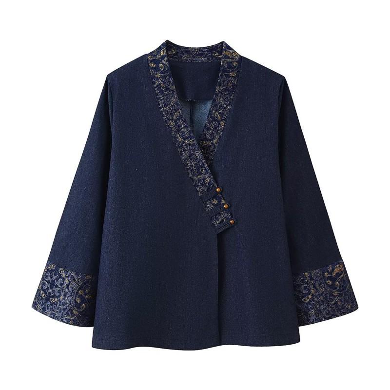 Womens Trendy Jacquard Denim Kimono Jacket Street Style Loose Fit V-Neck Tie Front Outerwear
