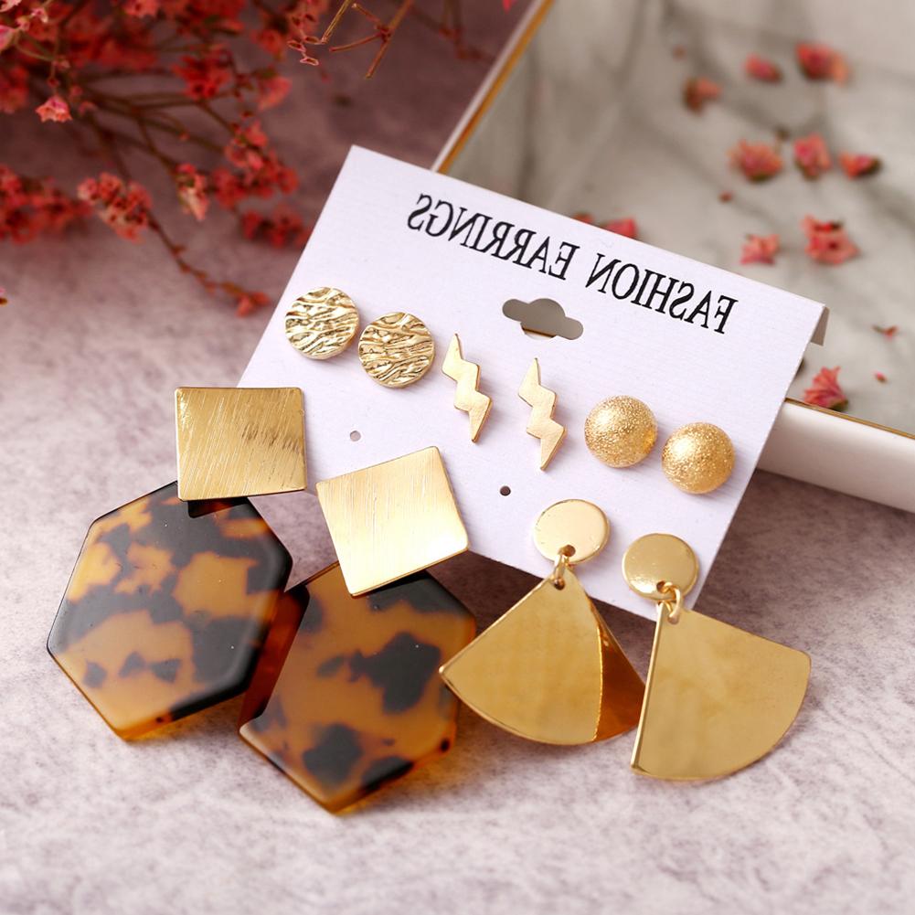 5 Pairs/set Women Fashion Metallic Polygonal Leopard Print Acrylic Earrings Set