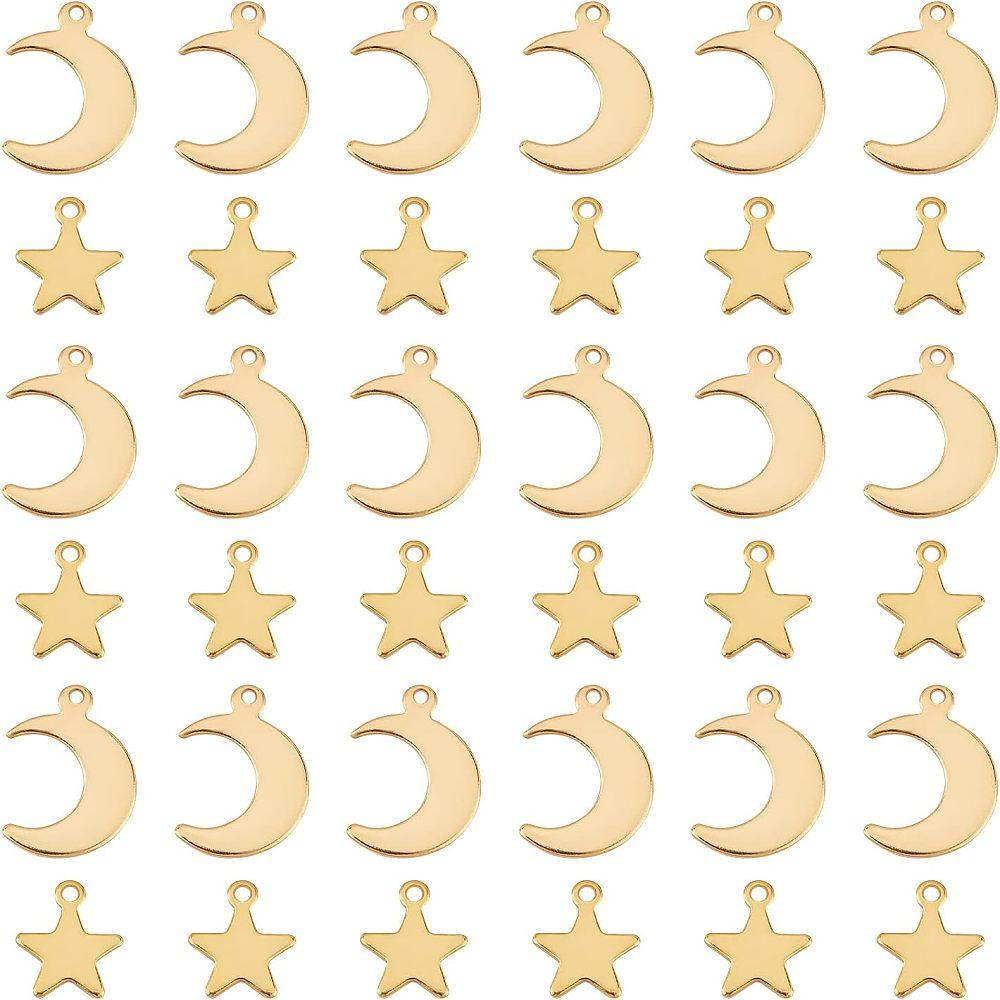 304 Stainless Steel Charms & Pendants Star/Moon Golden 11.5~16x9.5~11x0.9~1mm Hole: 1.4mm 40pcs/box
