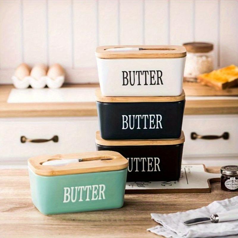 Large Ceramic Butter Dish with Wooden Lid Stainless Steel Knife Bamboo Cover Silicone Seal Kitchen Storage