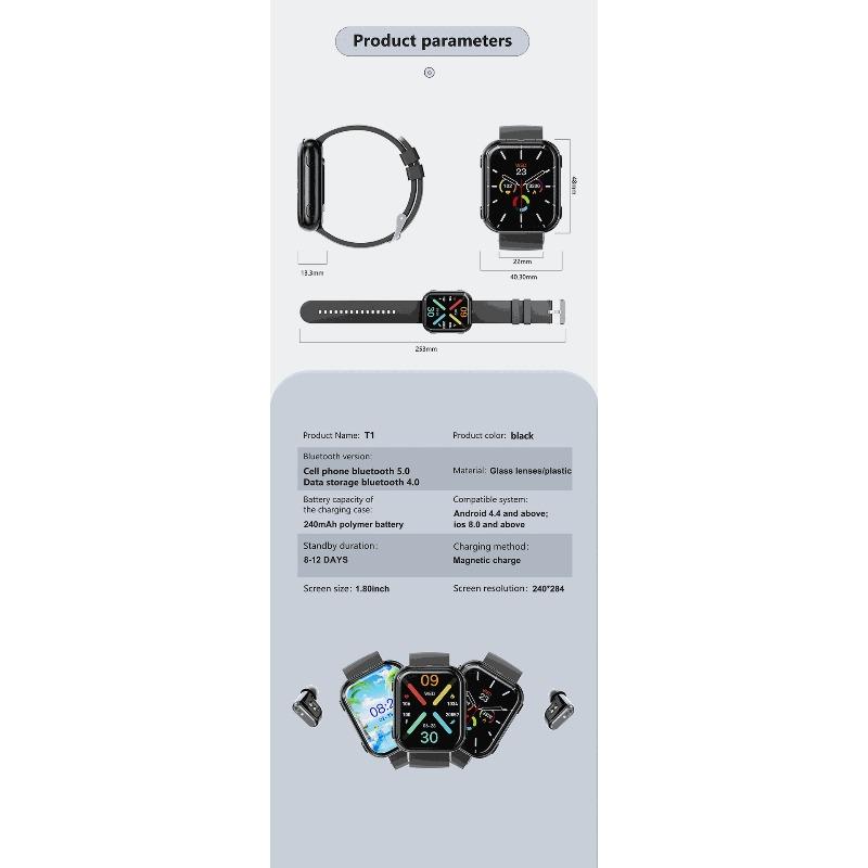 New T1 Smartwatch TWS Bluetooth Headset 2-in-1 Bluetooth Call Sports Bracelet Heart Rate Measurement Waterproof