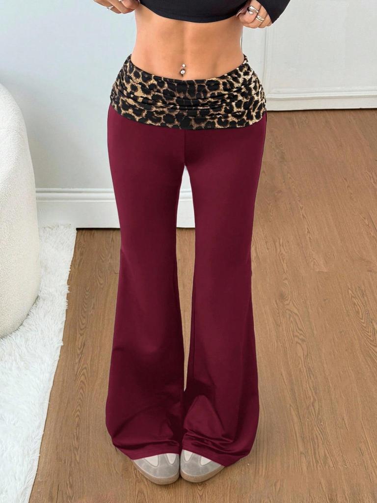 Pantalon de yoga évasé à taille moyenne patchwork imprimé léopard pour femme