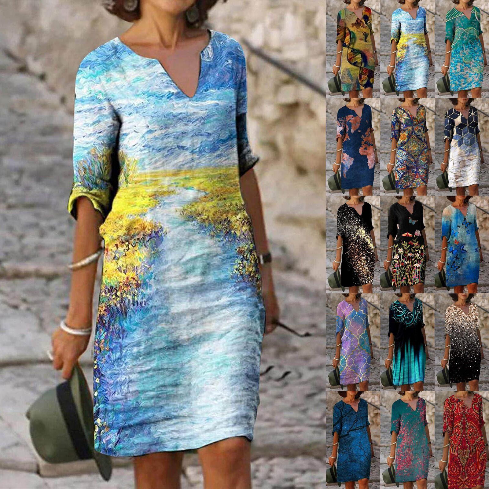 

Женское свободное платье в народном стиле с v-образным вырезом и принтом больших размеров, повседневная талия, темперамент