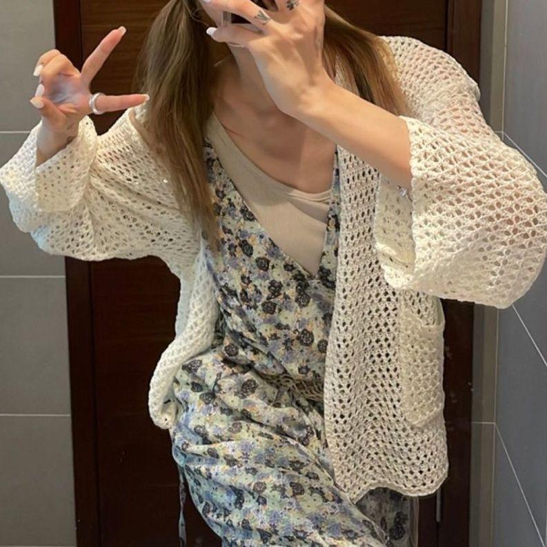 Harajuku stickad kofta dam vintage hollow out oversized tröja koreanskt mode löst Casual långärmade tunna toppar