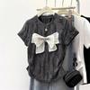Bow Gray Shoulder Short-sleeved Shirt Summer New Design Niche Short Slim Top Sweet