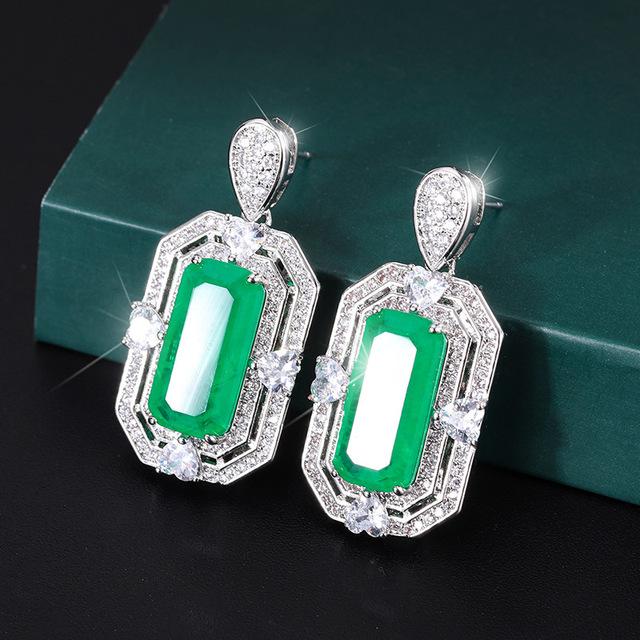 925 Strieborná súprava smaragdových turmalínových šperkov pre ženy Rectangle Lab Diamond Vintage snubný prsteň/náušnica/náhrdelník
