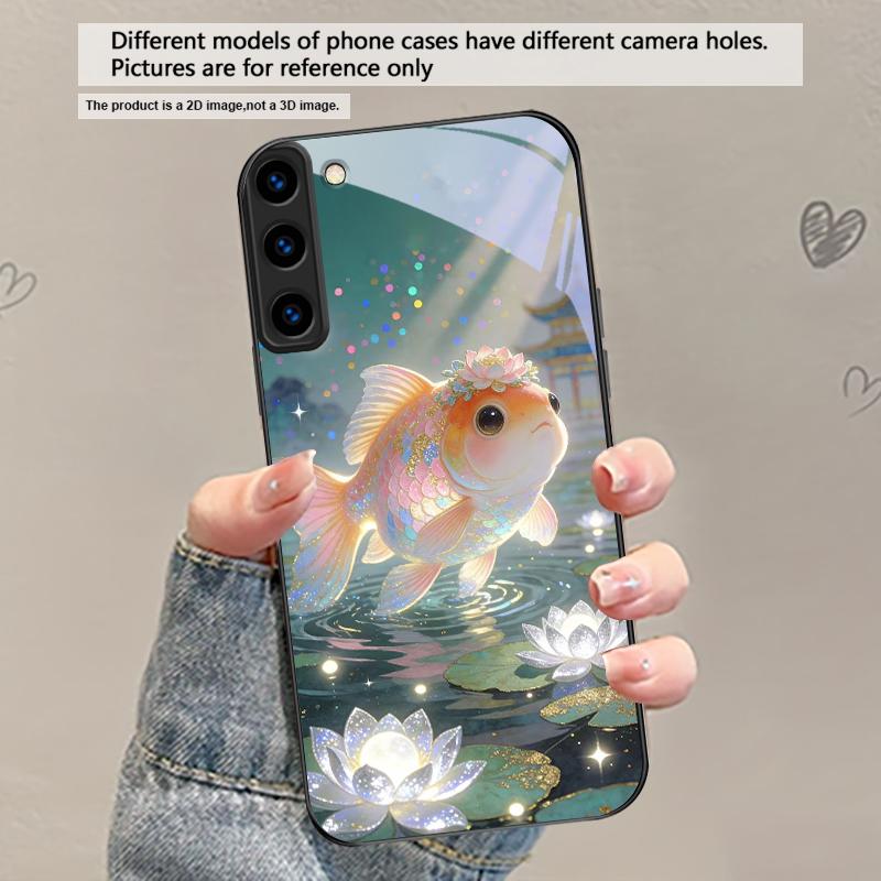Милый золотой рыбка вуалехвост Для Samsung Galaxy S20 S21 S22 S23 Plus S24 FE S25 Ultra S26 Edge S25+ S20+ S22+ Черный стеклянный чехол для телефона