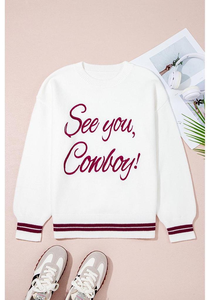 2025 Winter Women's Fashion: Warm Drop Shoulder Letter Embroidery Knit Pullover Sweater