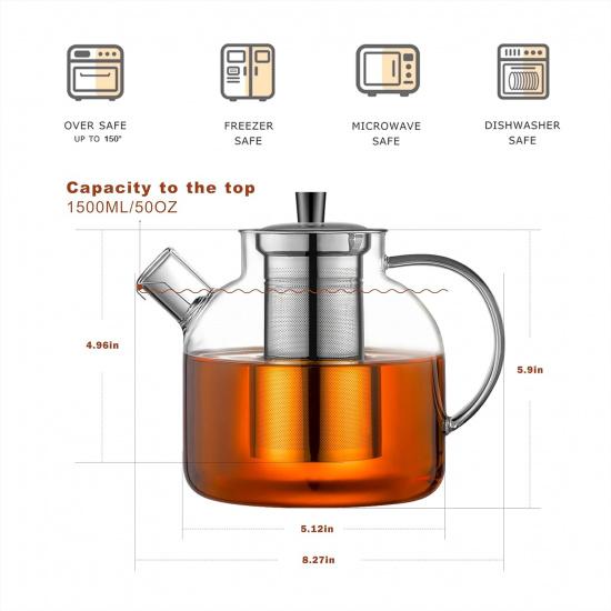 1500ml(50oz) Glass Teapot with Removable Infuser, Ehugos Stovetop Safe Large Tea Pot, Blooming and Loose Leaf Hand Crafted Kettle for Women and Adult