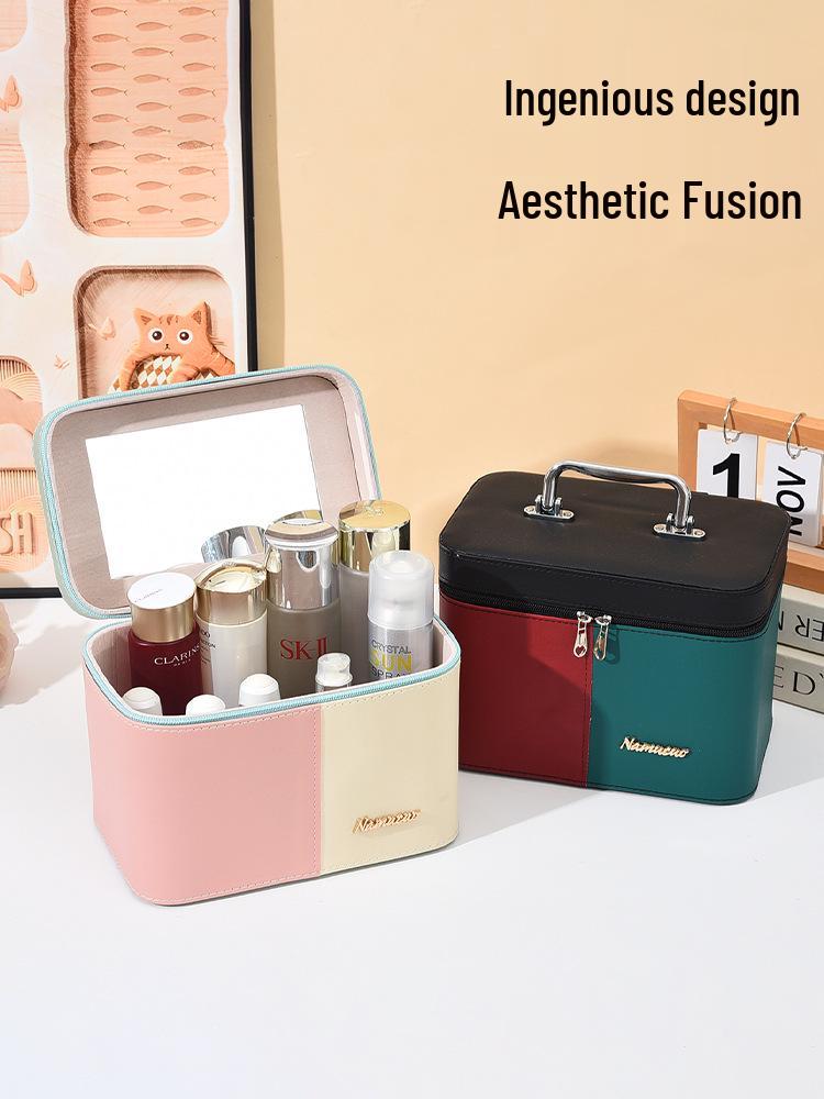 Macaron Portable PU Makeup Case: Large Capacity Two-Tone Skincare Vanity Organizer