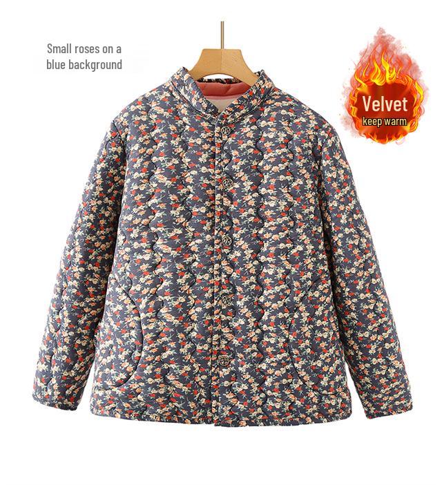 240 Jin Plus Size Velvet-Lined Cotton Jacket for Autumn/Winter - Stand Collar, Loose Fit for Middle-Aged & Elderly Women