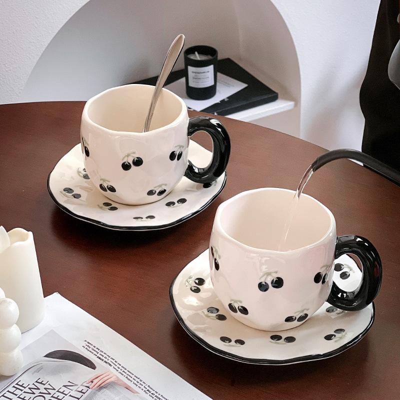 Embossed underglaze color hand-painted cherry ceramic coffee cup and saucer set high value export water cup afternoon black tea cup