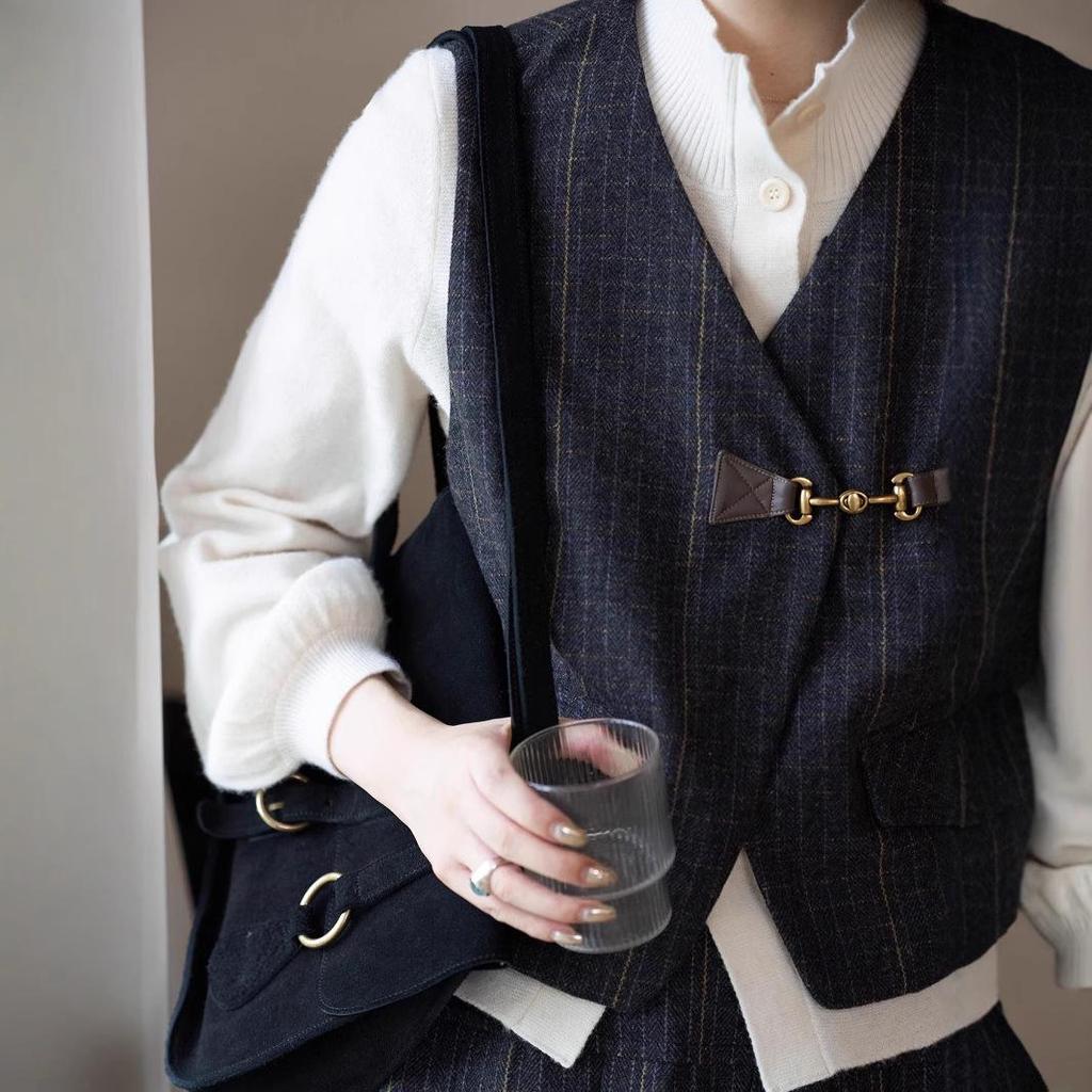 Ink Line Studio "Hogwarts" Retro Plaid Wool Suit & Vest Set with Pleated Skirt