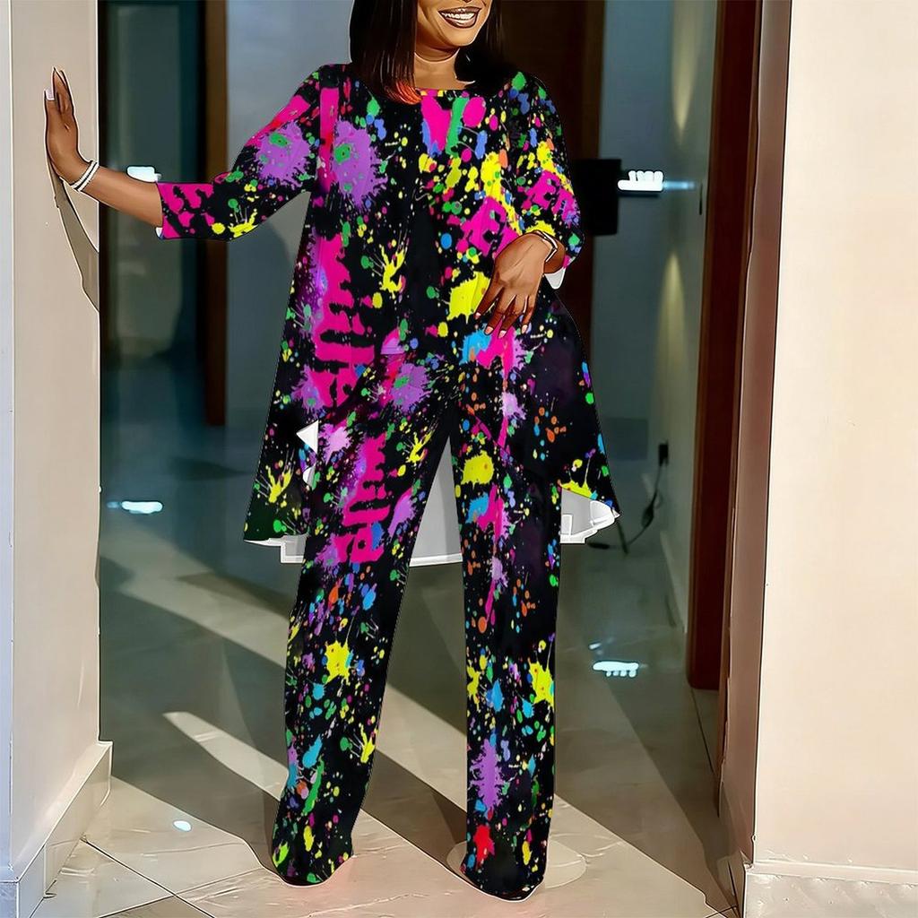 Women Plus Size Two Piece Coordinated Outfit Round Neck Three Quarter Sleeve Irregular Hem Top Printed Wide Leg Trousers