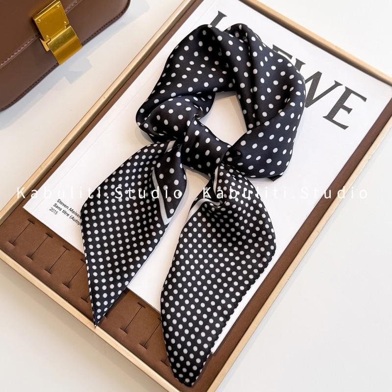 70x70cm Lightweight Square Scarf Women Polka Dot Print Silk-Like Wrap Neck Tie Hair Band Fashion Accessory