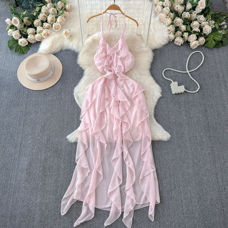 

Pink Halterneck Dress Women s French Sweet Girlish Style Ruffles Patchwork Sleeveless Vacation Dress Fairy Long Dress Pink L