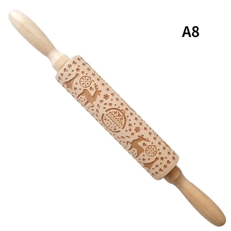 Christmas Elk Pattern Kitchen Supplies Rolling Pin Wooden Laser Carving Roller Embossed Rolling Pin Household Baking Small Tools