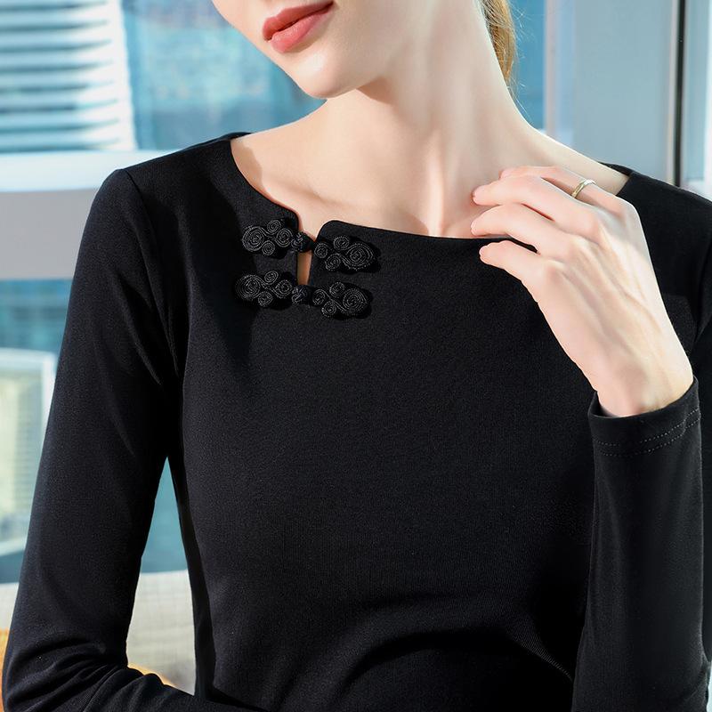 

Одно слово воротник новый китайский топ новый белый длинный рукав нижняя рубашка осень и зима передняя плечевая пряжка женская одежда 3XL чёрный