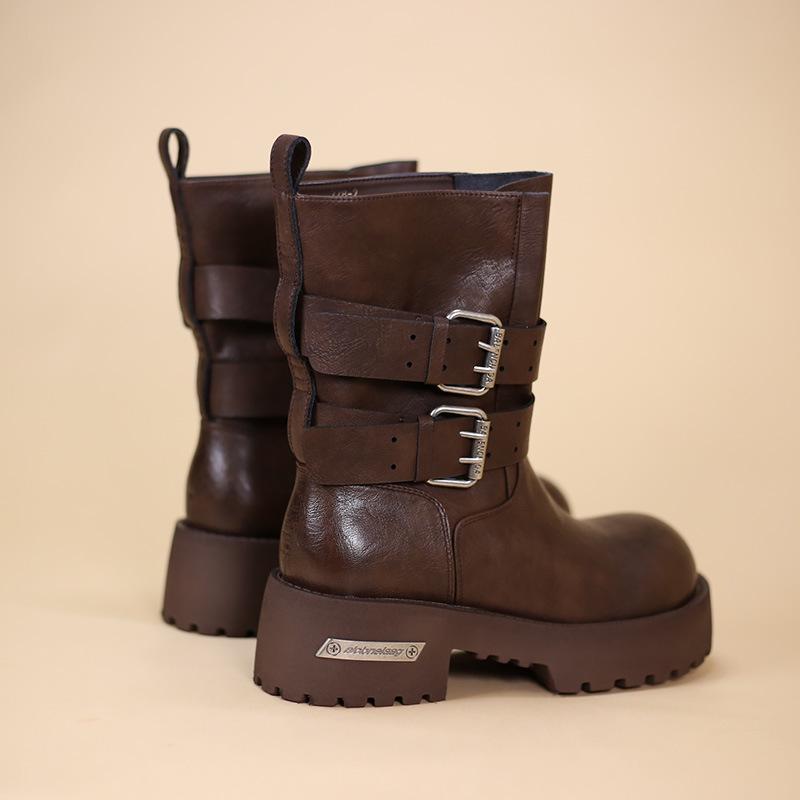 2025 Dámské podzimní/zimní boty Martin v britském stylu: Kotníkové boty na silné podrážce, s kulatou špičkou a zeštíhlující přezkou v pase