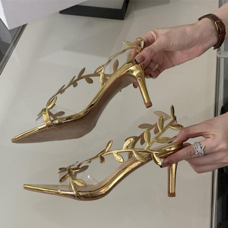 Fashion 2025 Summer Ladies High Heels Fashion Pointed Leaf Gold Silver High Heel Sandals Women Party Wedding Shoes Sandalias De Mujer
