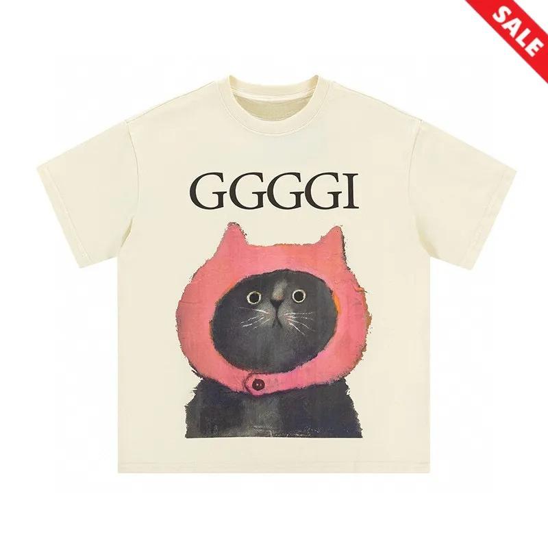 Luxury Playful Pink Hood Cat Print Cotton TShirt Premium Unisex Crew Neck Top with Brand Letter Detail for HighEnd Fashion