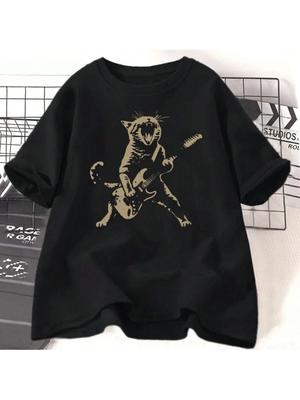 Rock Cat Playing Guitar T Shirt Women Men Funny Guitar Cat T-Shirt Casual Short Sleeve O Neck T-Shirts Unisex Streetwear