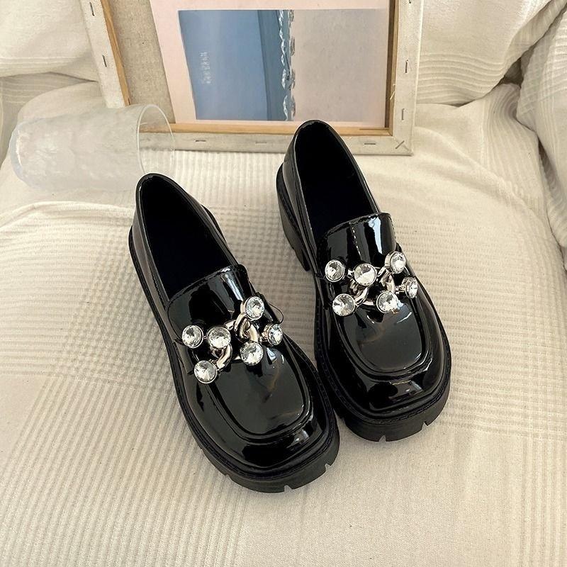Women's Black Leather Mary Jane Loafers  New Fashion Thick Heel Crystal Embellished Britsh Style Spring Autumn Shoes