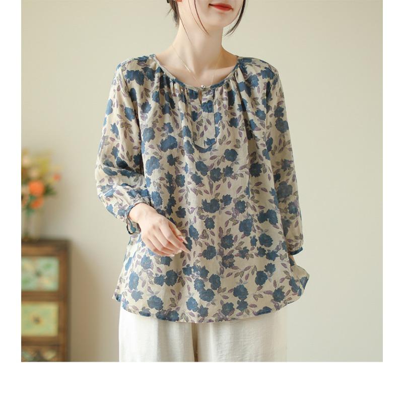 Doll Shirt Women's Loose Cotton Linen Shirt Printed Sweet and Artistic Early Autumn Ramie Lightweight Shirt