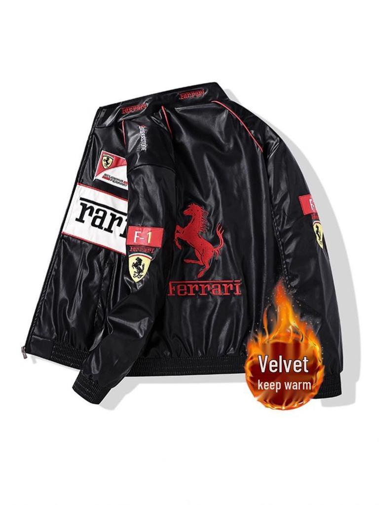 Motocyklová bunda z PU kože s fleecovou podšívkou a americkou výšivkou