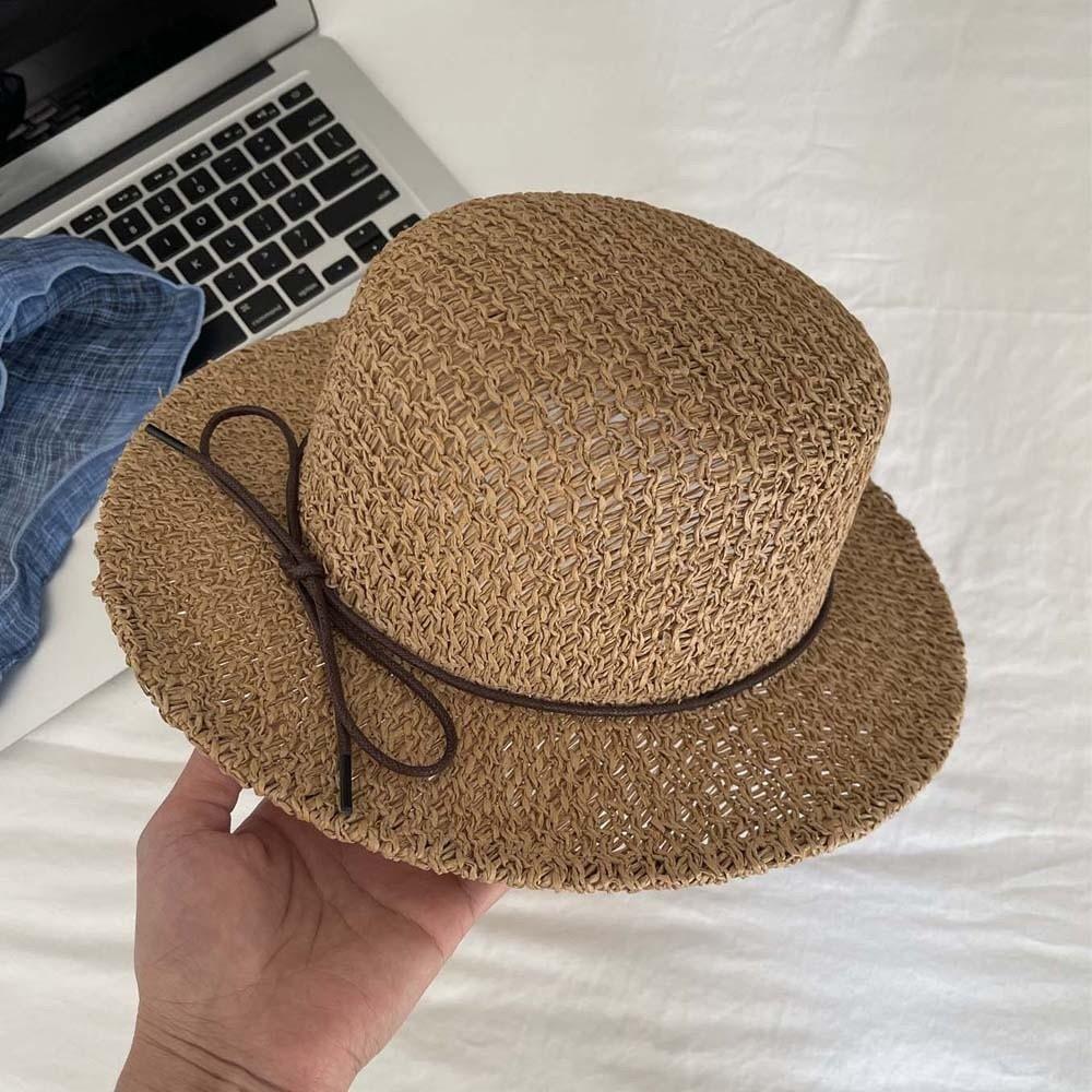 Breathable Mesh Handwoven Sun Cap With Bow Flat Top Beach Hat Straw Boater Hat Garden Tea Party