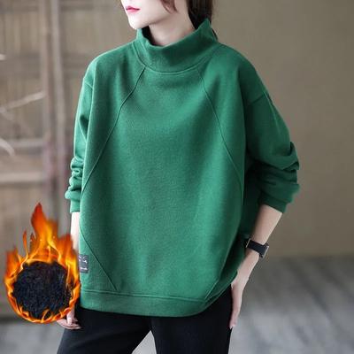 Women's Thick Top Velvet Warm Hoodie for Women Semi High Neck Loose Oversized Short Jacket Retro Long Sleeved Top