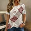 Damen Kurzarm Rundhals Oberteil Blumenprint Knopfdetail Lässiges T-Shirt Bluse Leichter Weicher Stoff Patchwork Design