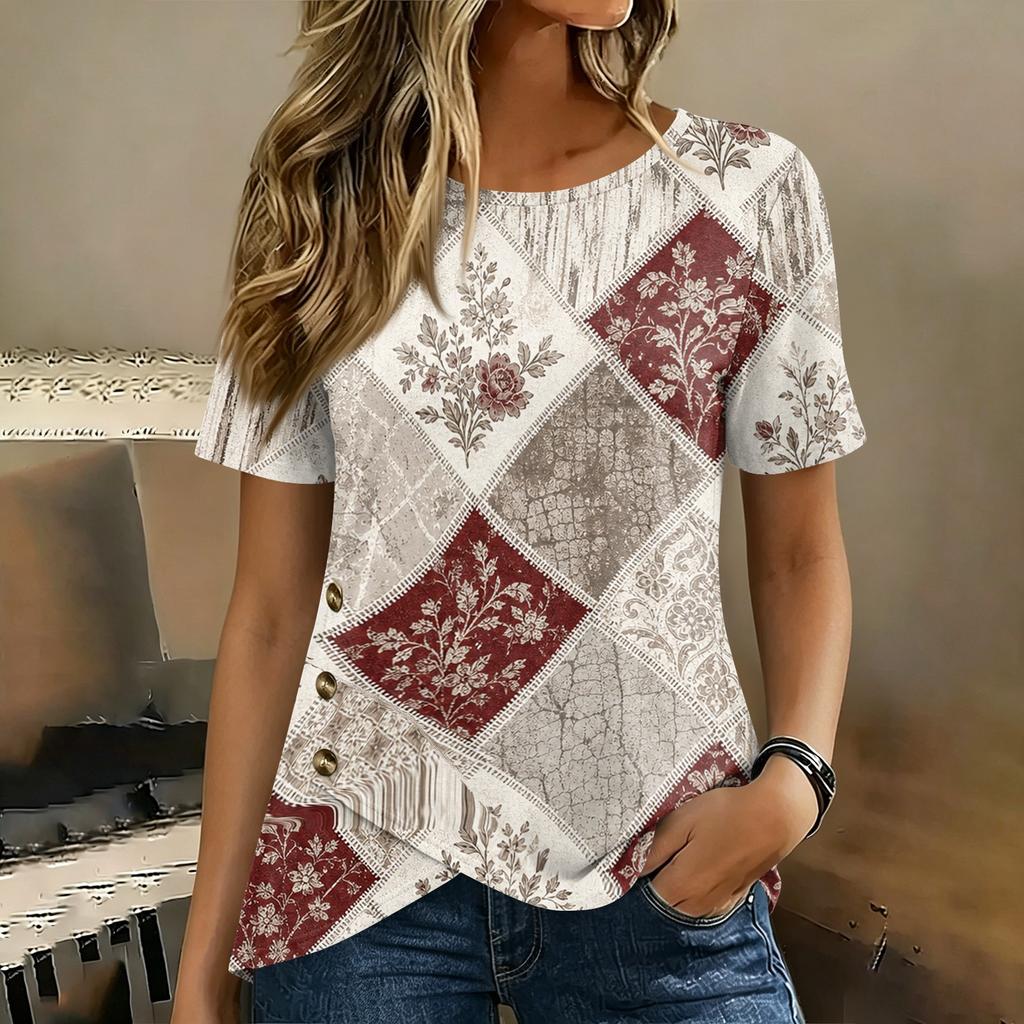 Damen Kurzarm Rundhals Oberteil Blumenprint Knopfdetail Lässiges T-Shirt Bluse Leichter Weicher Stoff Patchwork Design